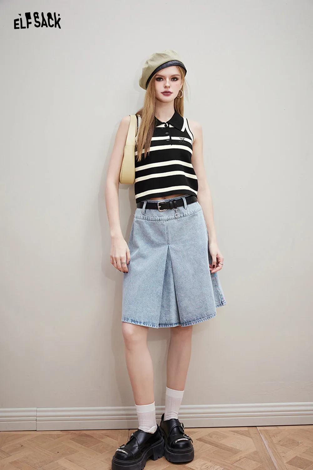 ELFSACK [Free belt] High waisted denim pleated skirt for women's 2024 spring new college versatile short skirt