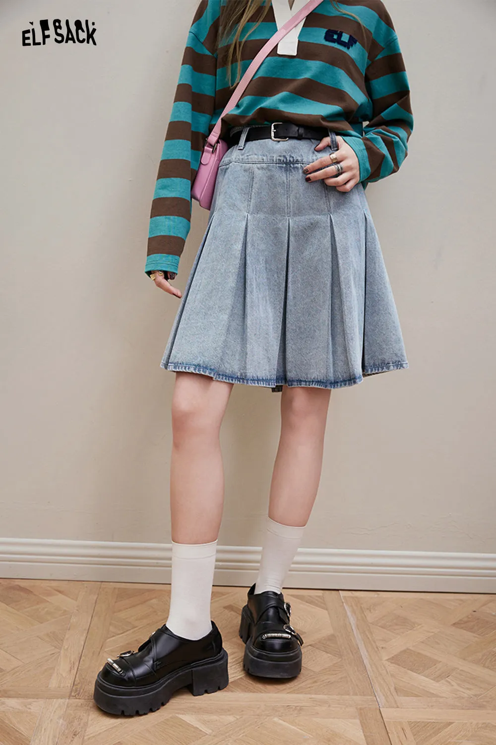 ELFSACK [Free belt] High waisted denim pleated skirt for women's 2024 spring new college versatile short skirt