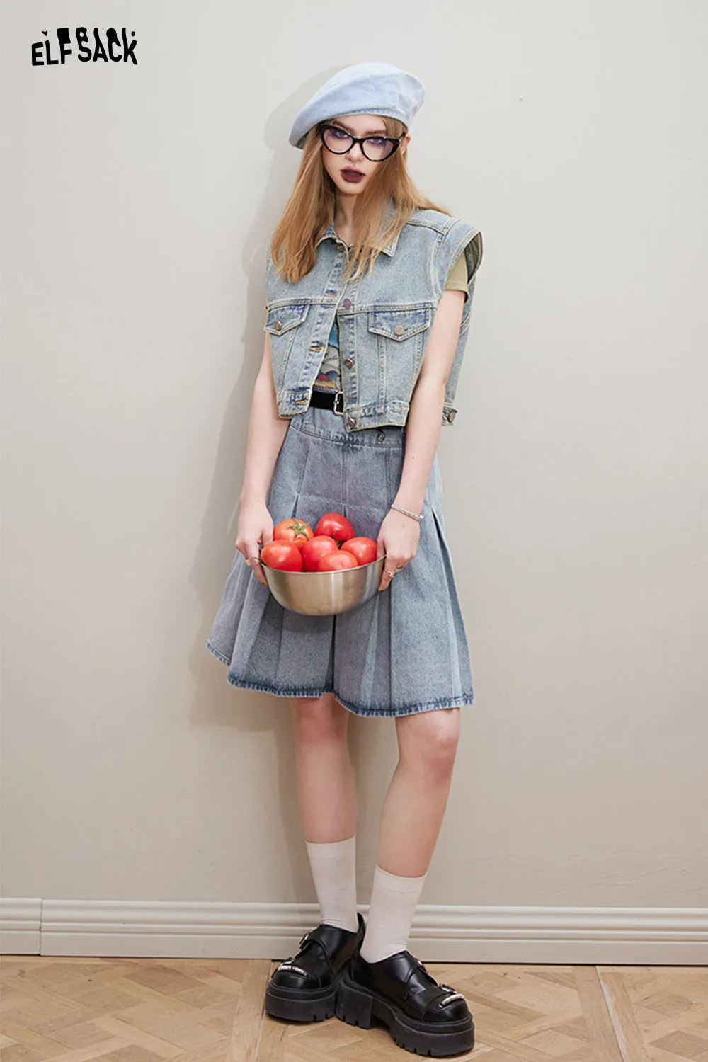 ELFSACK [Free belt] High waisted denim pleated skirt for women's 2024 spring new college versatile short skirt