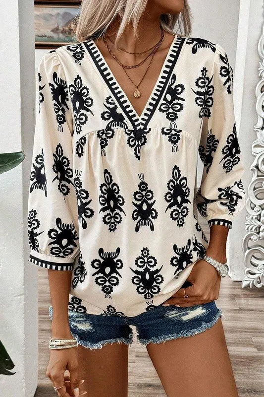 Ethnic Abstract Print Puff Sleeve V Neck Blouse