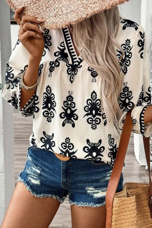 Ethnic Abstract Print Puff Sleeve V Neck Blouse