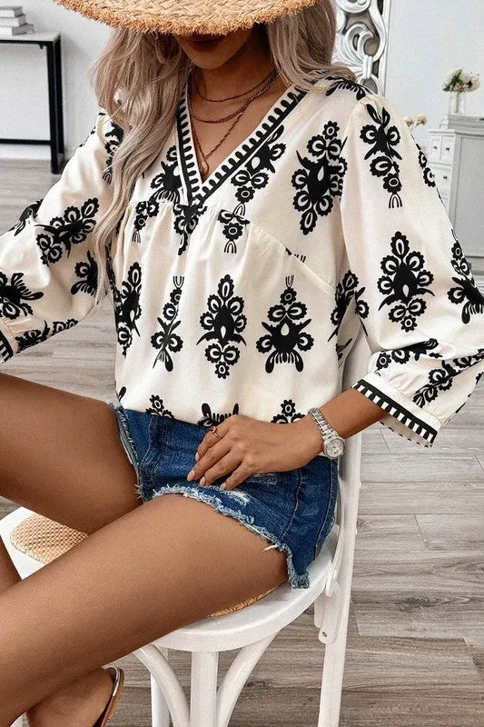 Ethnic Abstract Print Puff Sleeve V Neck Blouse