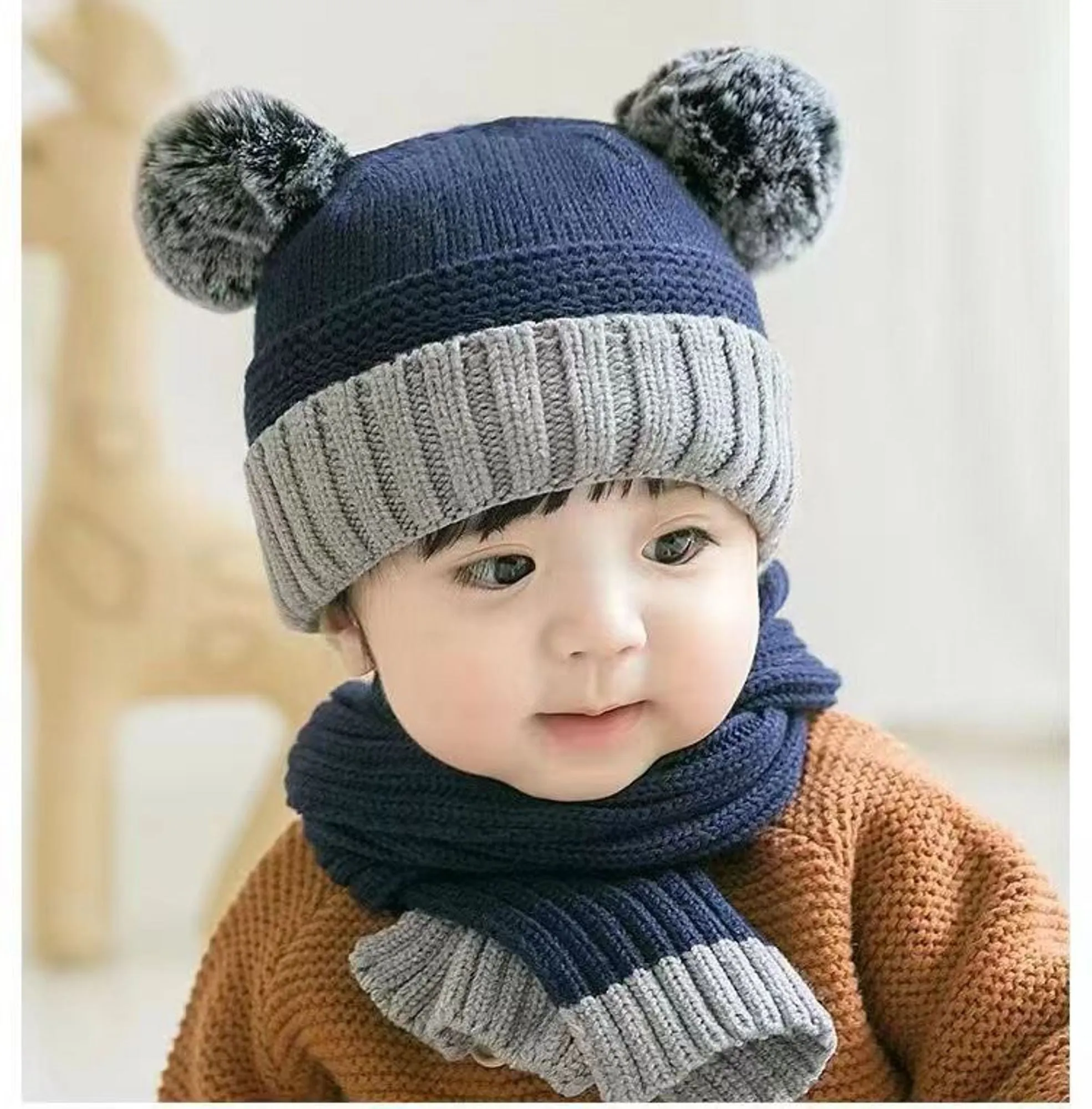 FabSeasons Kids Winter Skull / Beanie caps with scarf Set, fits for 6 Months - 3 Years Old Baby Boys & Girls / Toddler