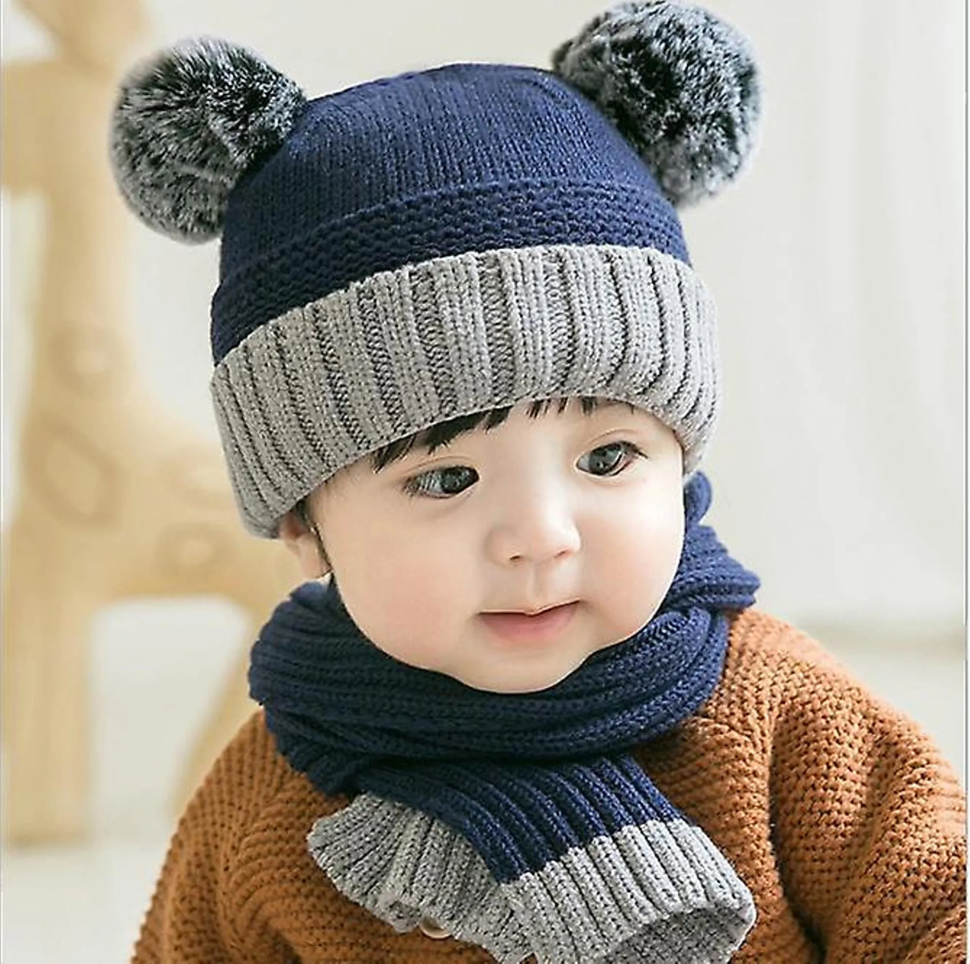 FabSeasons Kids Winter Skull / Beanie caps with scarf Set, fits for 6 Months - 3 Years Old Baby Boys & Girls / Toddler