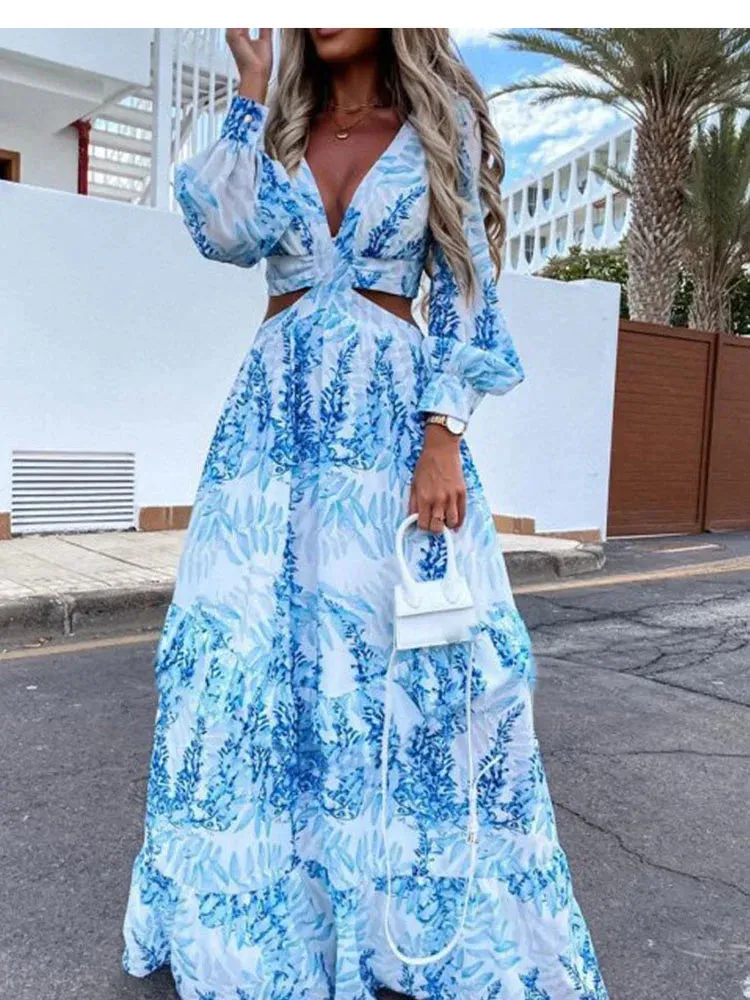 FashionSierra - 2024 Elegant V-neck Sleeveless Print Maxi Boho Dress