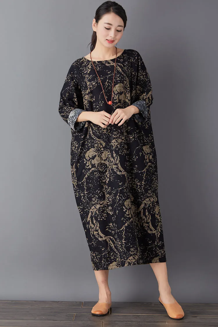 Floral Loose Style Linen Cotton Spring Women Dresses CH91414