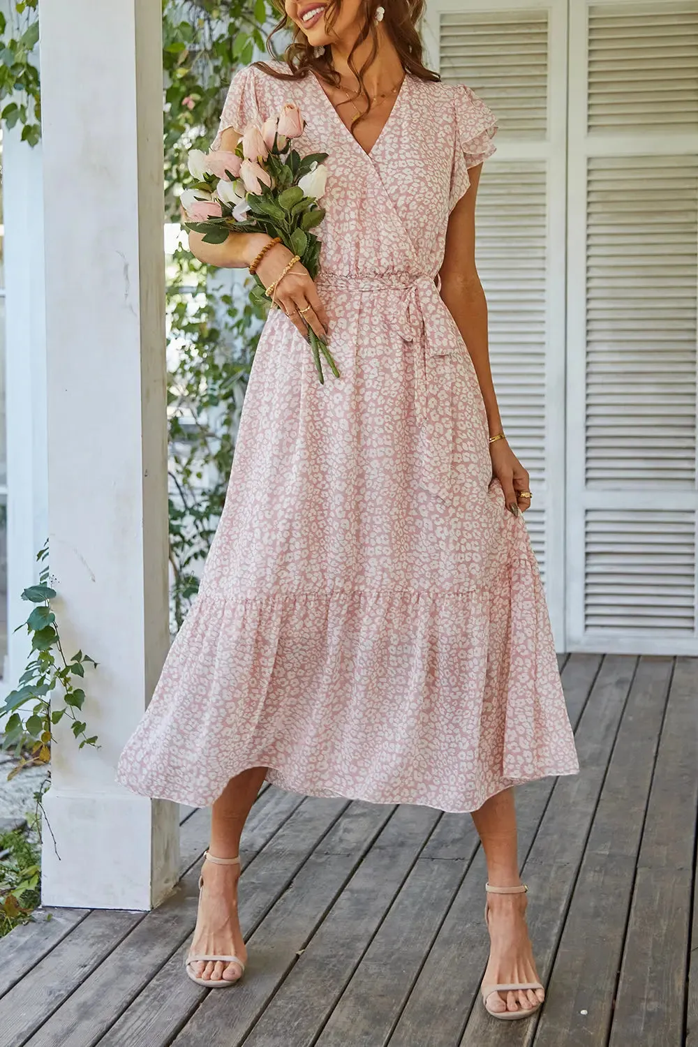 Floral Wrap V Neck Hem A-Line Bohemian Maxi Dress