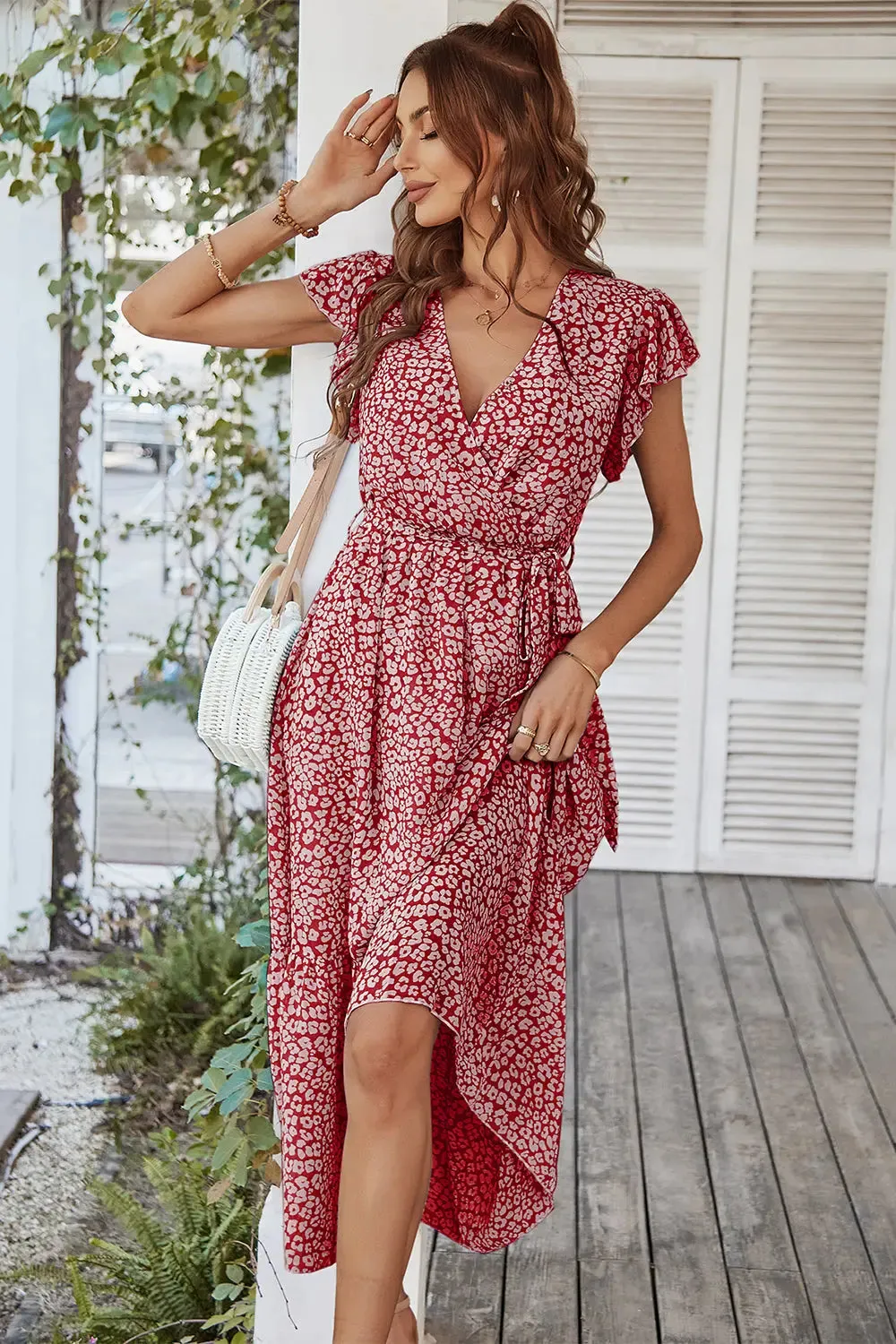 Floral Wrap V Neck Hem A-Line Bohemian Maxi Dress