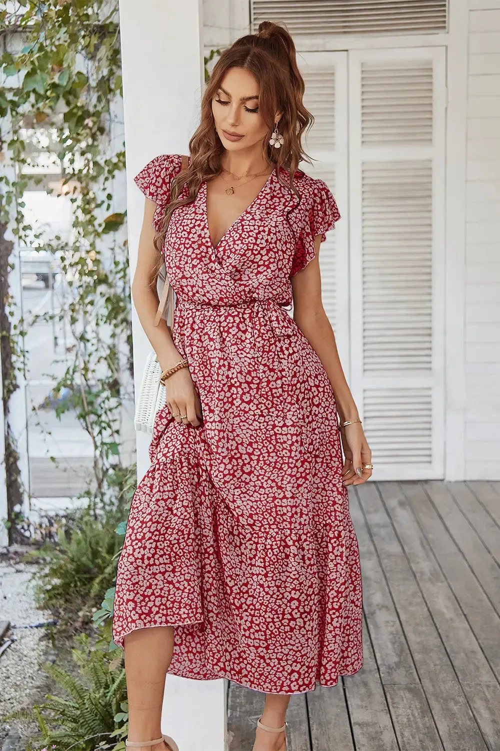 Floral Wrap V Neck Hem A-Line Bohemian Maxi Dress