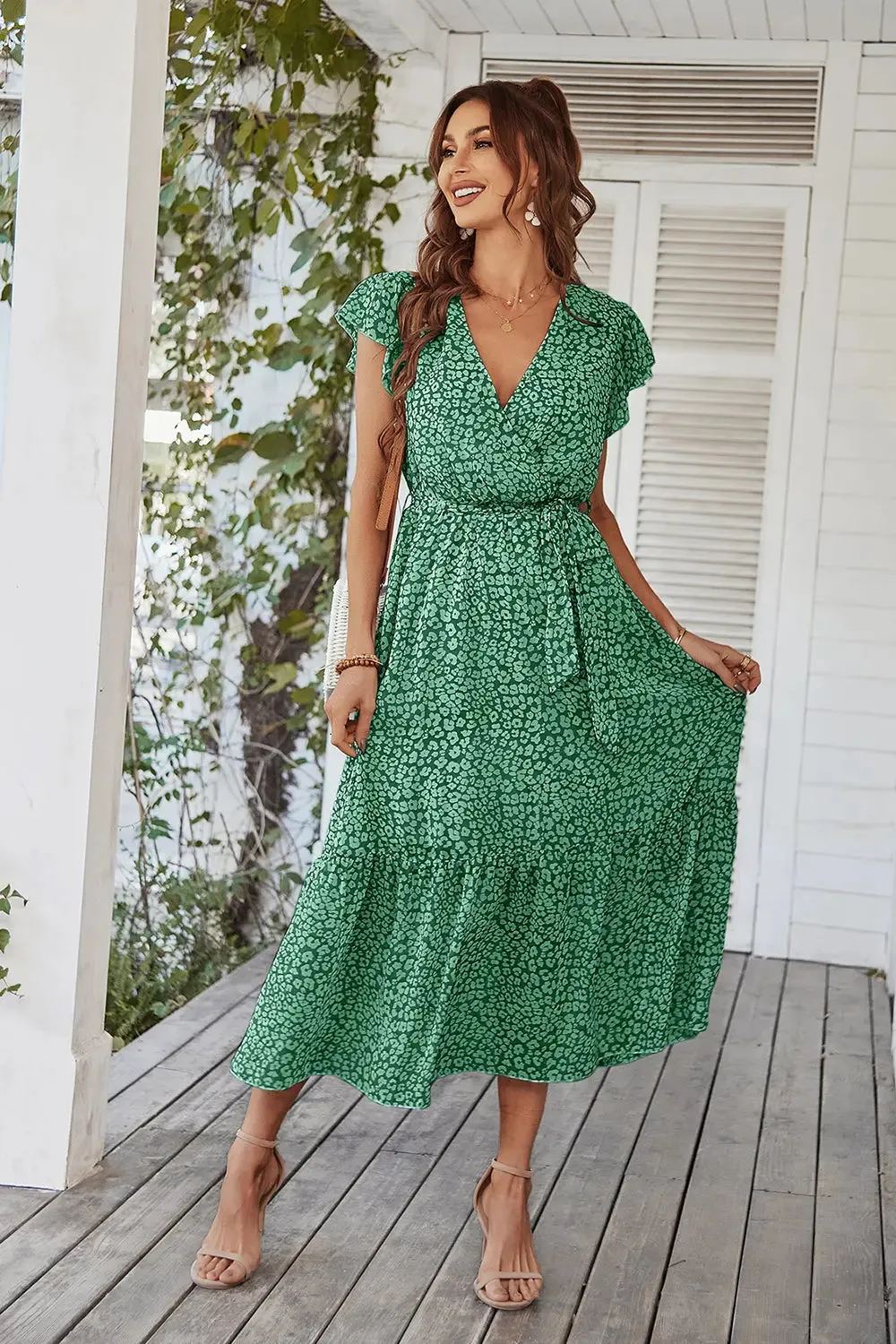 Floral Wrap V Neck Hem A-Line Bohemian Maxi Dress