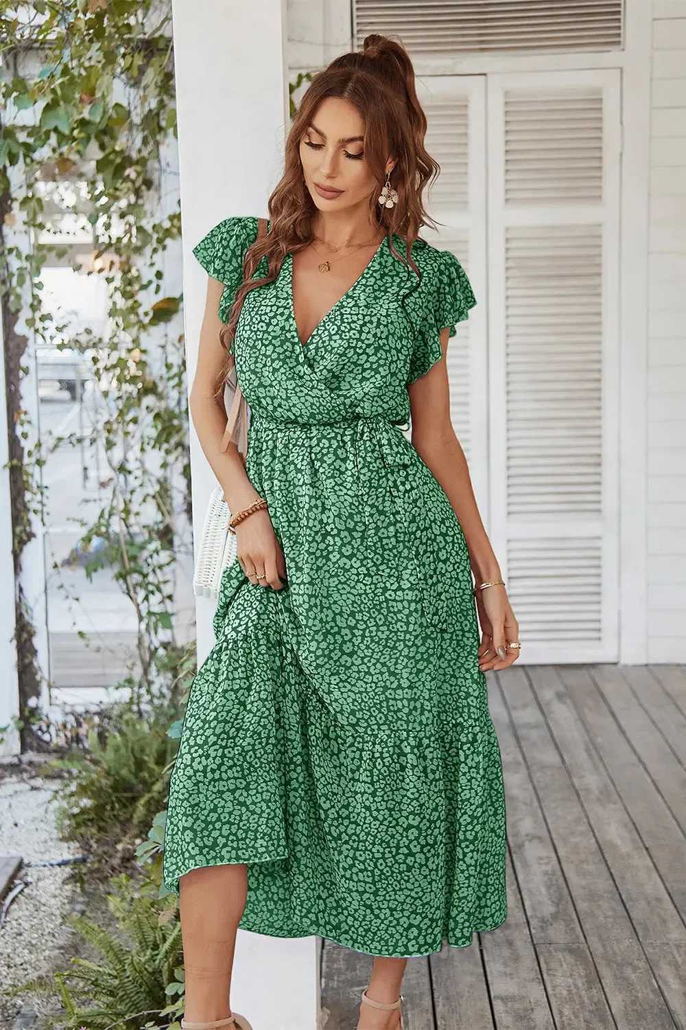 Floral Wrap V Neck Hem A-Line Bohemian Maxi Dress