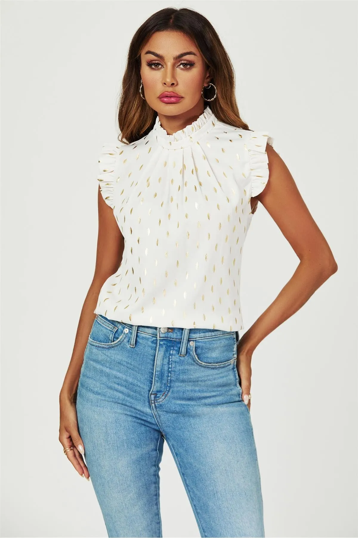 FS Collection Gold Foil Frill Trim Sleeve High Neck Blouse Top In Cream