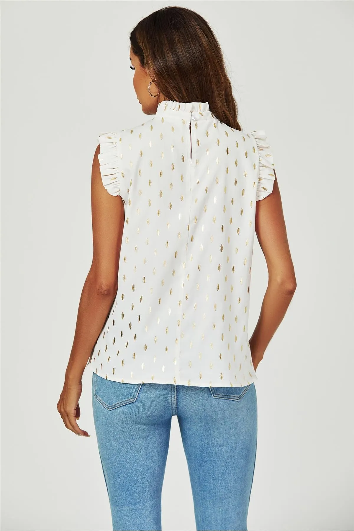 FS Collection Gold Foil Frill Trim Sleeve High Neck Blouse Top In Cream