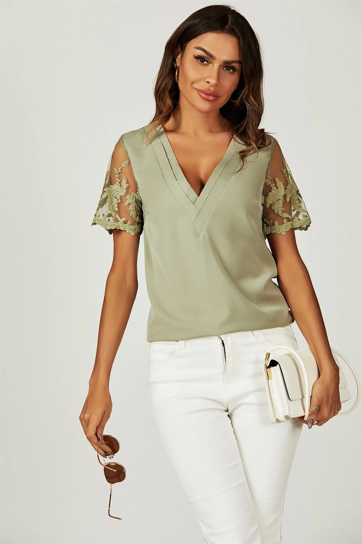 FS Collection Lace Short Sleeve V Neck Blouse Top In Olive