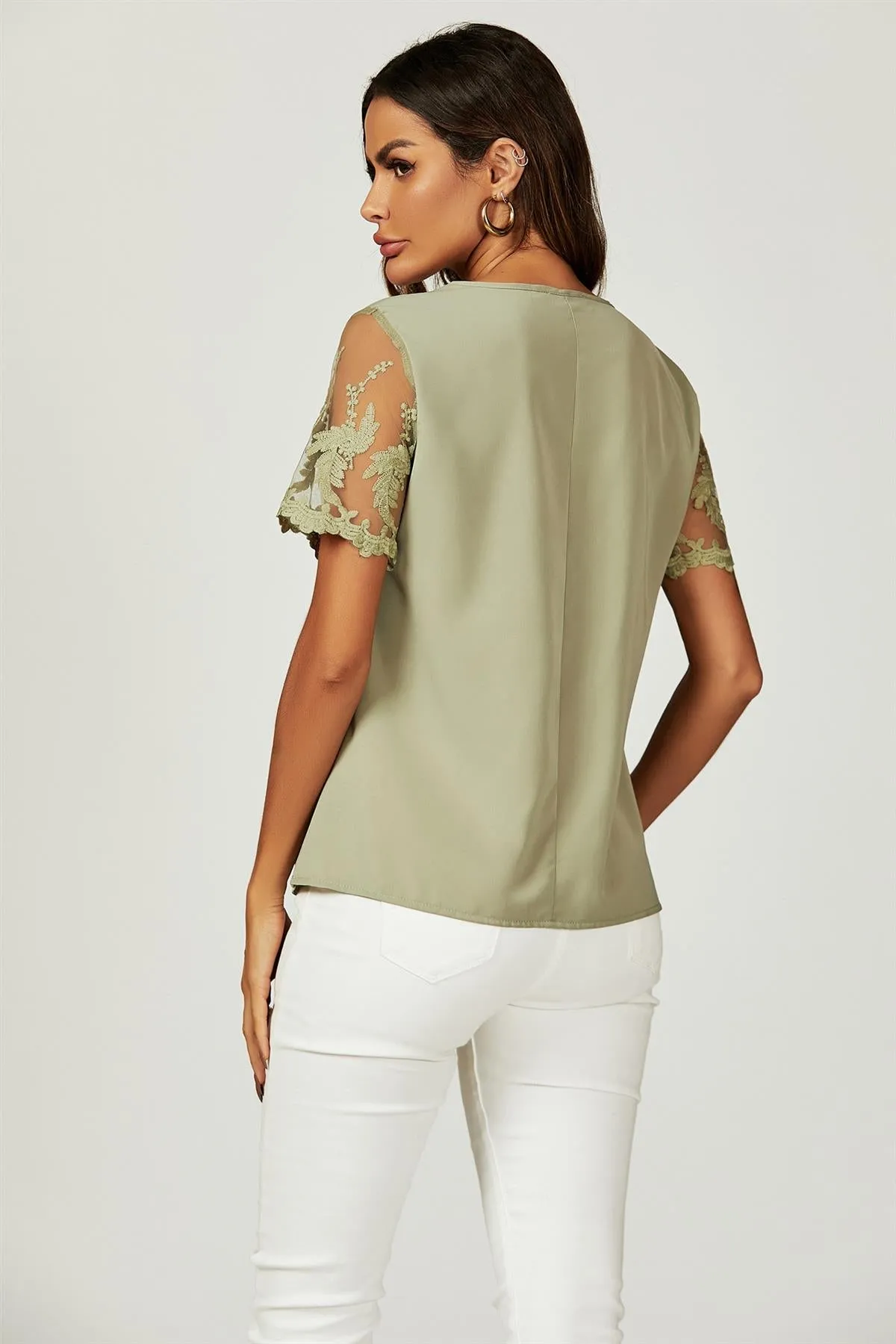 FS Collection Lace Short Sleeve V Neck Blouse Top In Olive