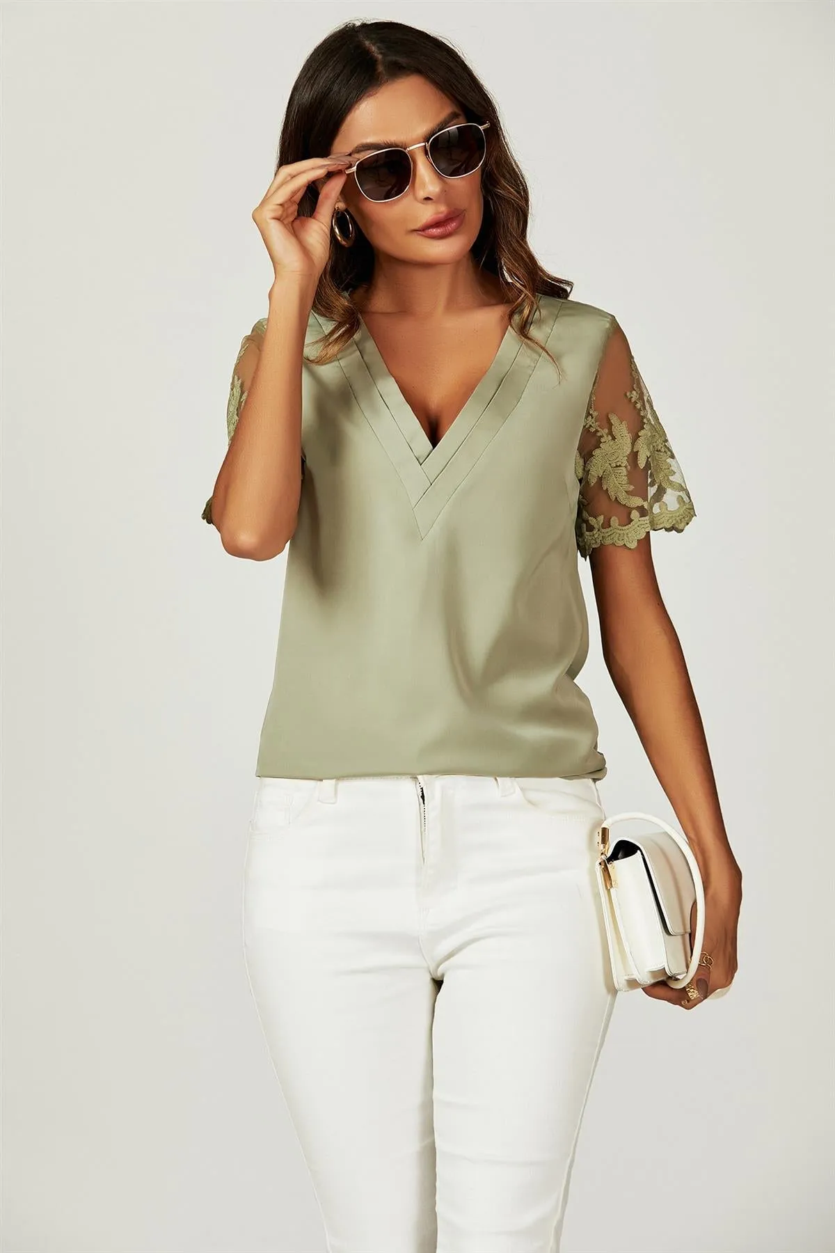 FS Collection Lace Short Sleeve V Neck Blouse Top In Olive