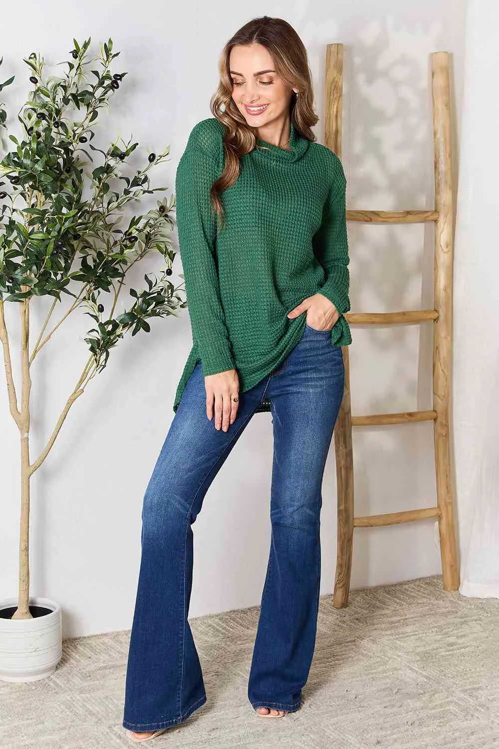 Full Size Dropped Shoulder Long Sleeve Slit Blouse