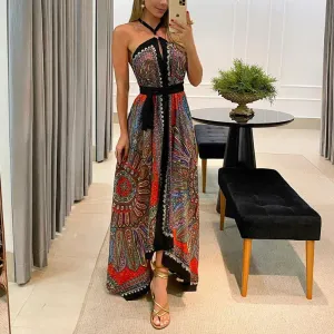 Graduation Gifts  2022 Summer Women Brach Wear Bohemian Sleeveless Open Back Long Dresses Halter Scarf Print High Slit Maxi Dress For Holiday