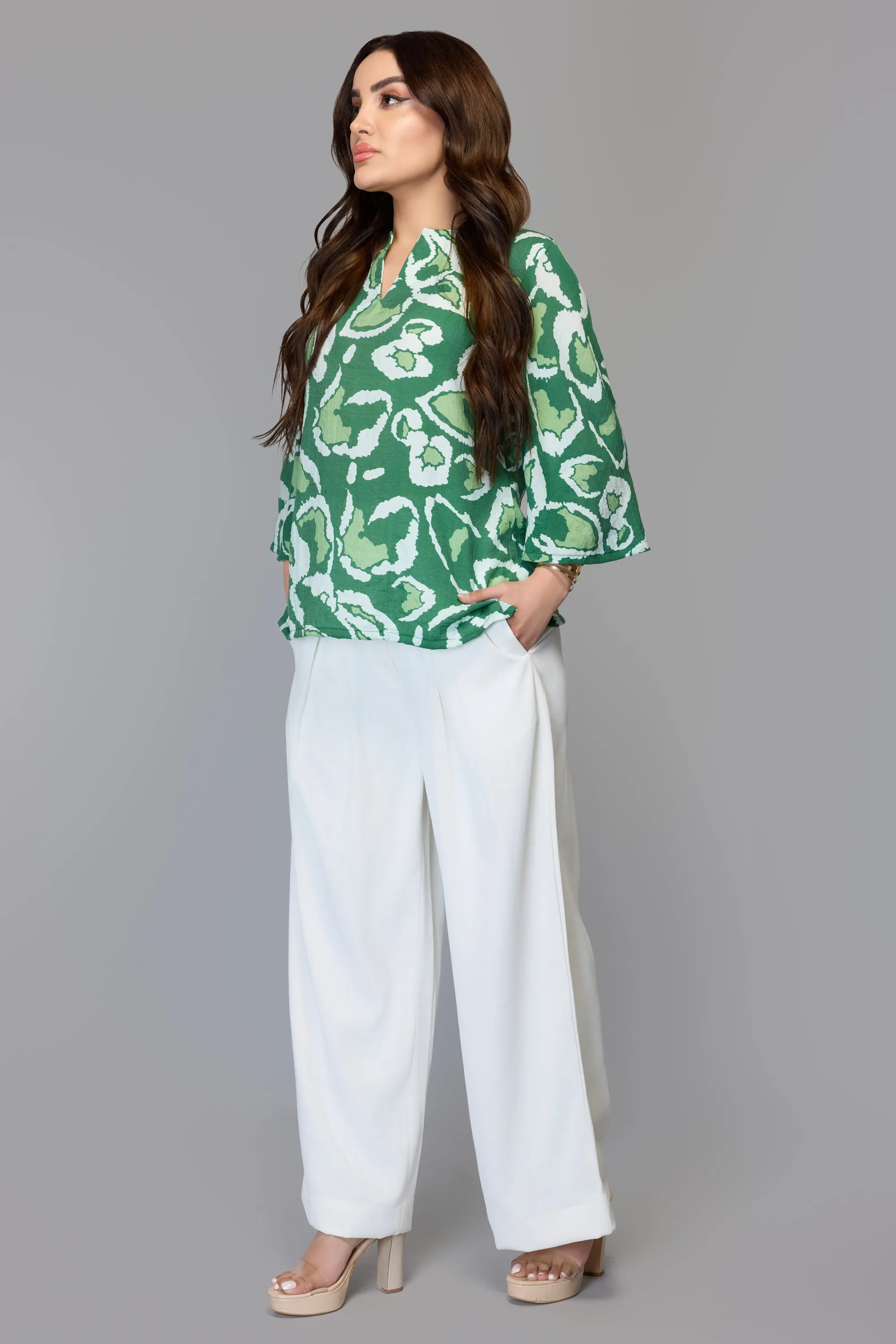 Green Abstract Bell Sleeve Top