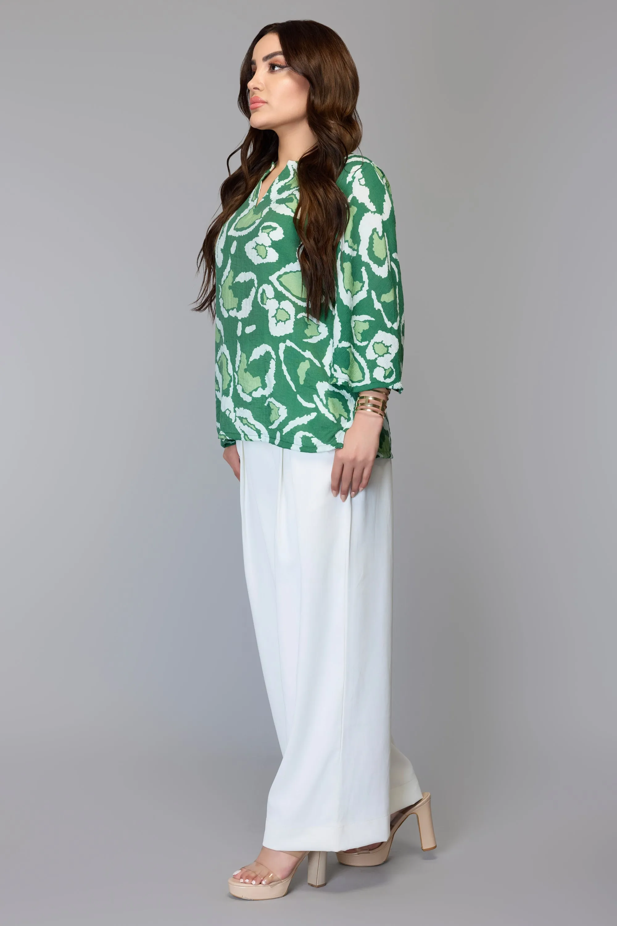 Green Abstract Bell Sleeve Top