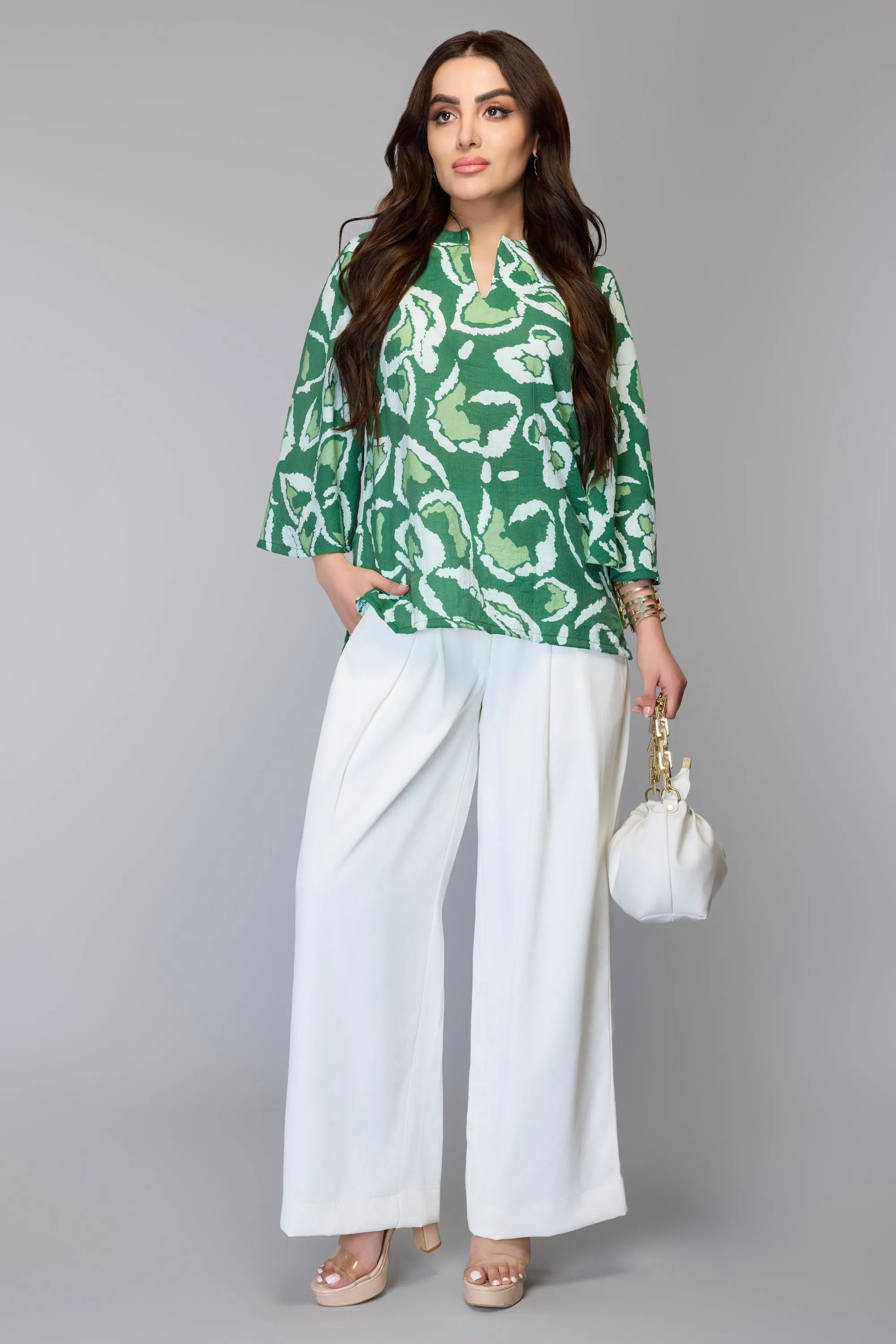 Green Abstract Bell Sleeve Top