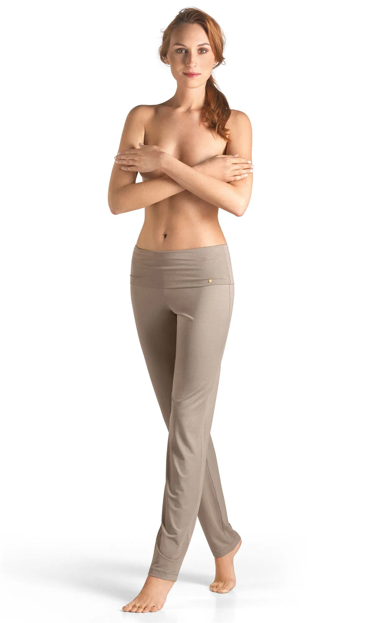 Hanro Yoga Long Leisure Trousers Fold Down Waist in Taupe Grey