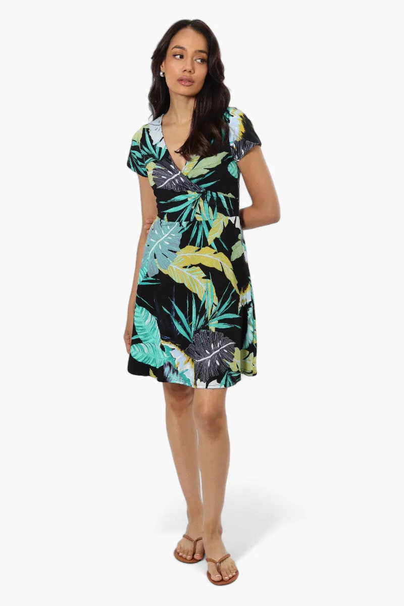 International INC Company Leaf Pattern Belted Crossover Day Dress - Black