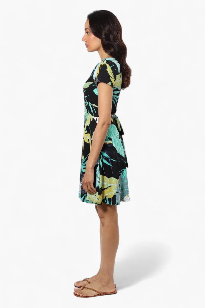 International INC Company Leaf Pattern Belted Crossover Day Dress - Black