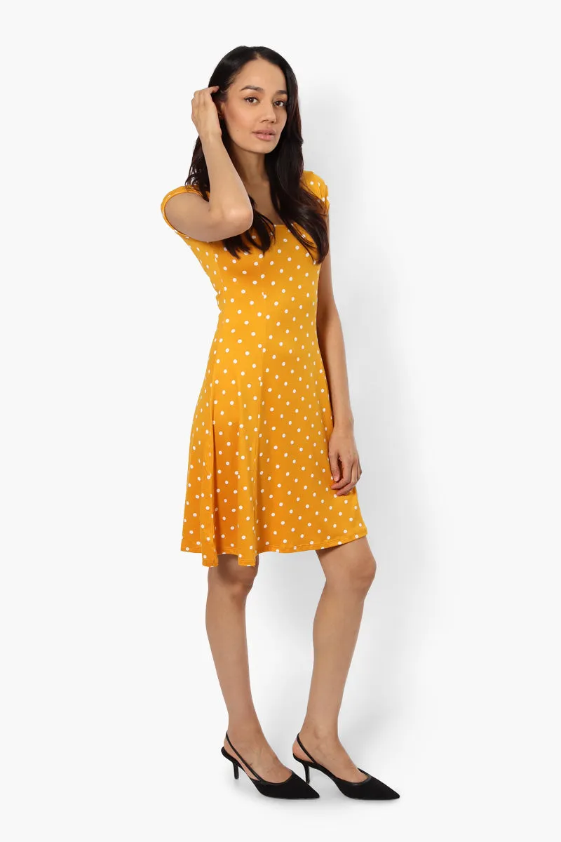 International INC Company Polka Dot Cap Sleeve Day Dress - Yellow