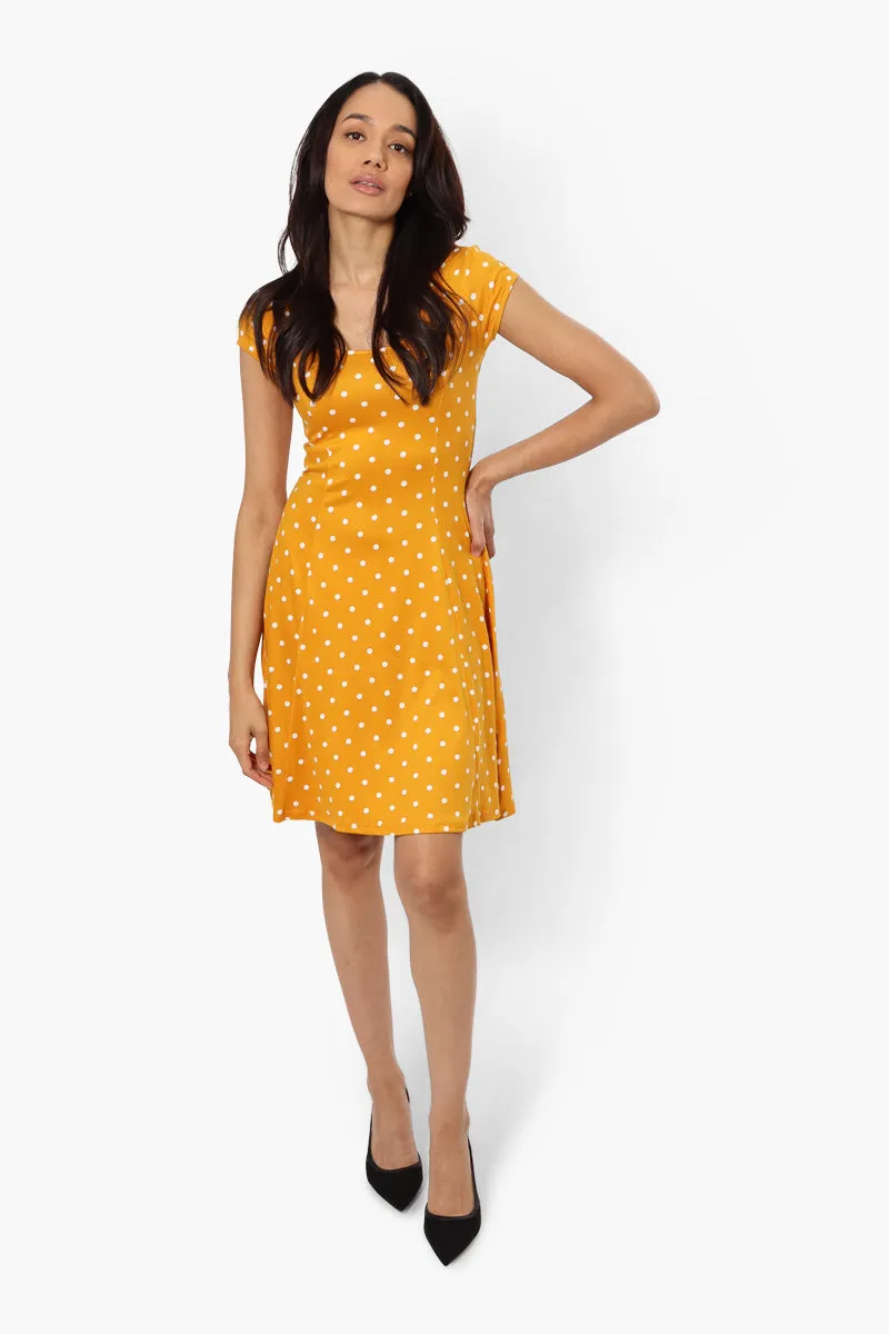 International INC Company Polka Dot Cap Sleeve Day Dress - Yellow