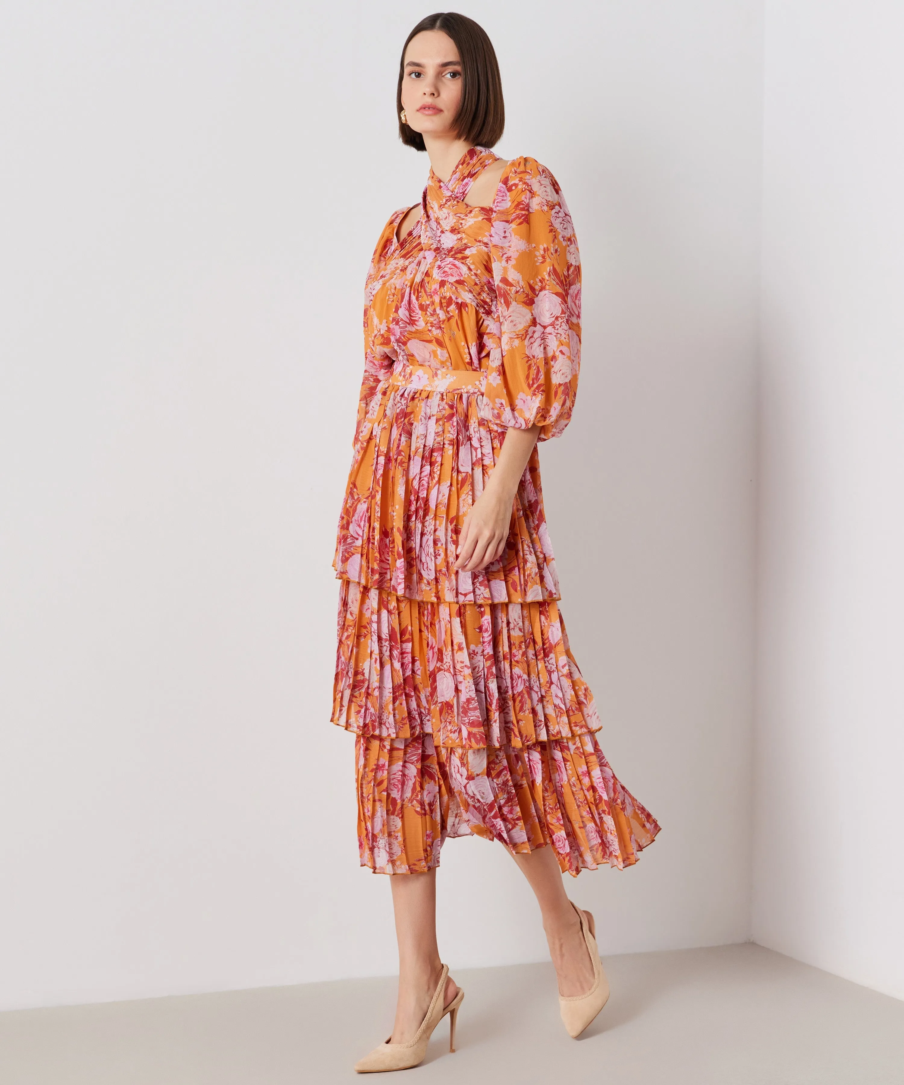 Ipekyol Floral Layered Midi Skirt Orange