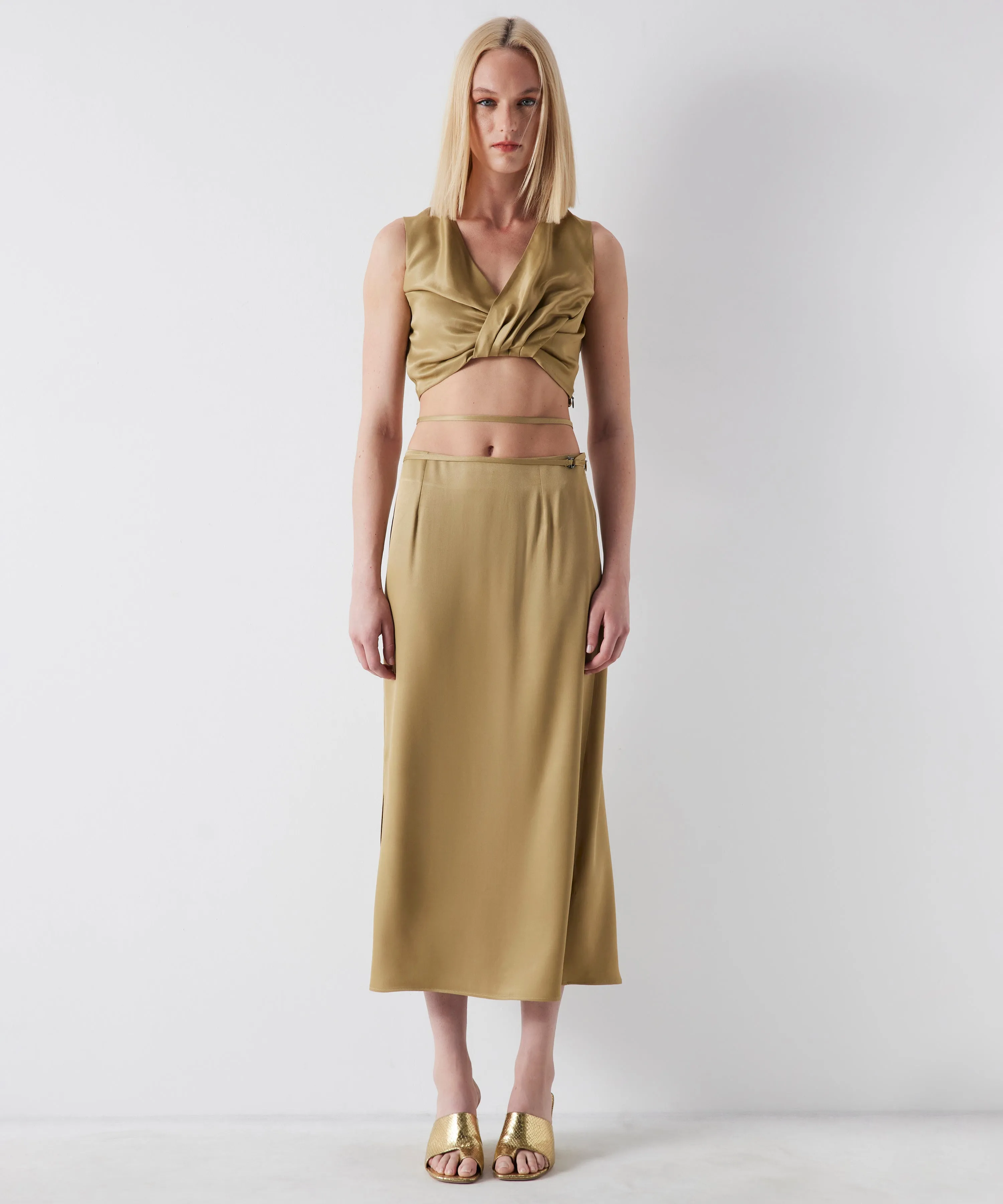 Ipekyol Waist Tie Detail Midi Skirt Khaki