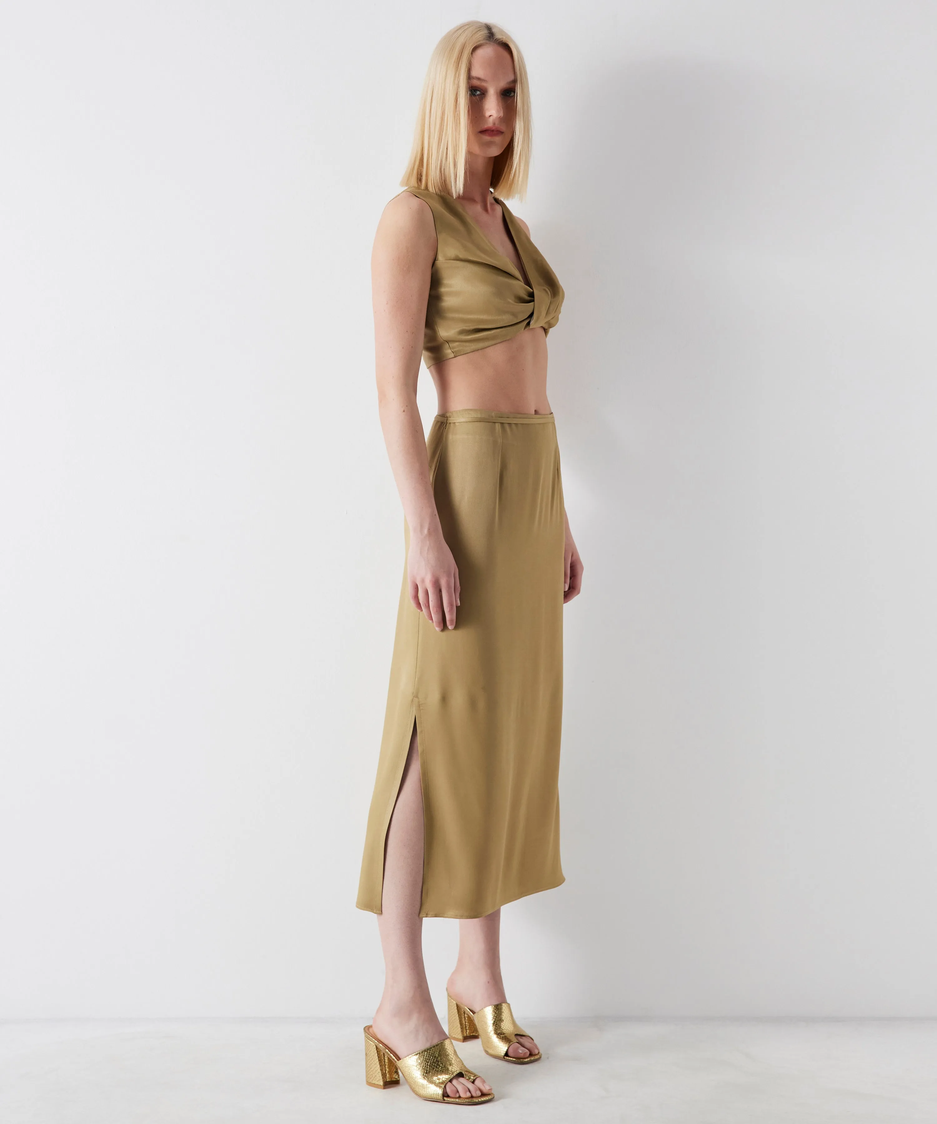 Ipekyol Waist Tie Detail Midi Skirt Khaki