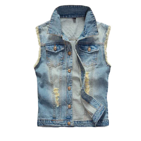 Large Size Mens Denim Vest Vintage Sleeveless Ripped washed jeans waistcoats