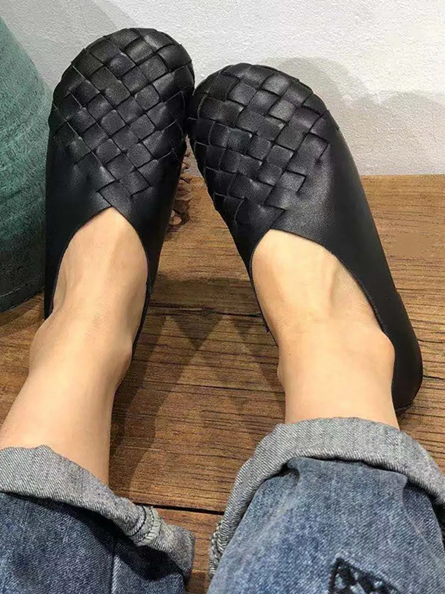 Leather Women Solid Color Woven Round Toe Flat Shoes HH026