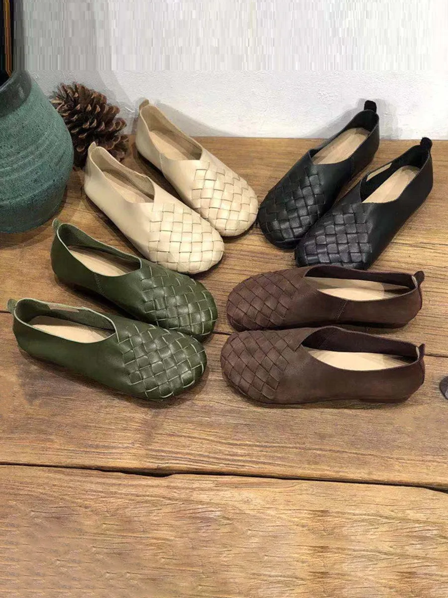 Leather Women Solid Color Woven Round Toe Flat Shoes HH026