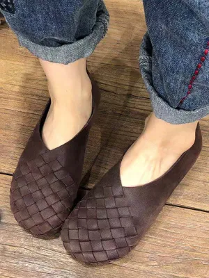 Leather Women Solid Color Woven Round Toe Flat Shoes HH026