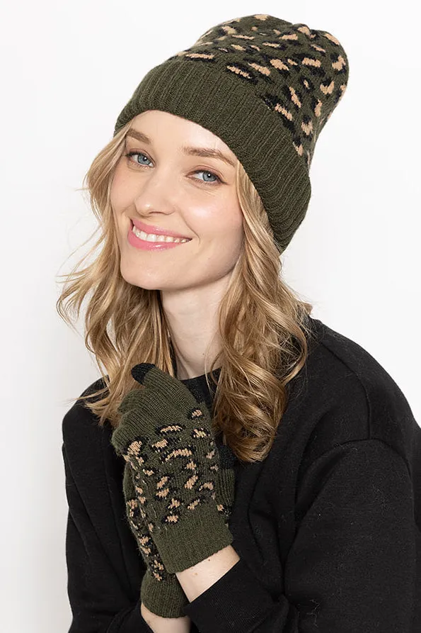 Leopard Beanie with Cuff - Olive