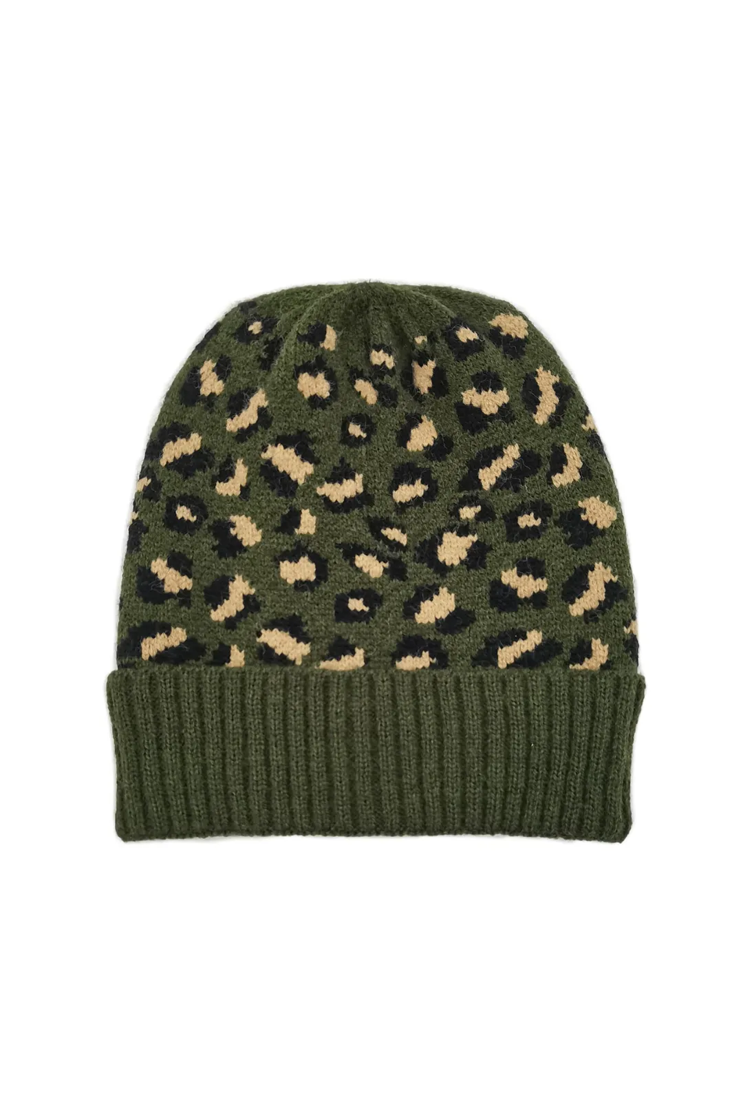 Leopard Beanie with Cuff - Olive