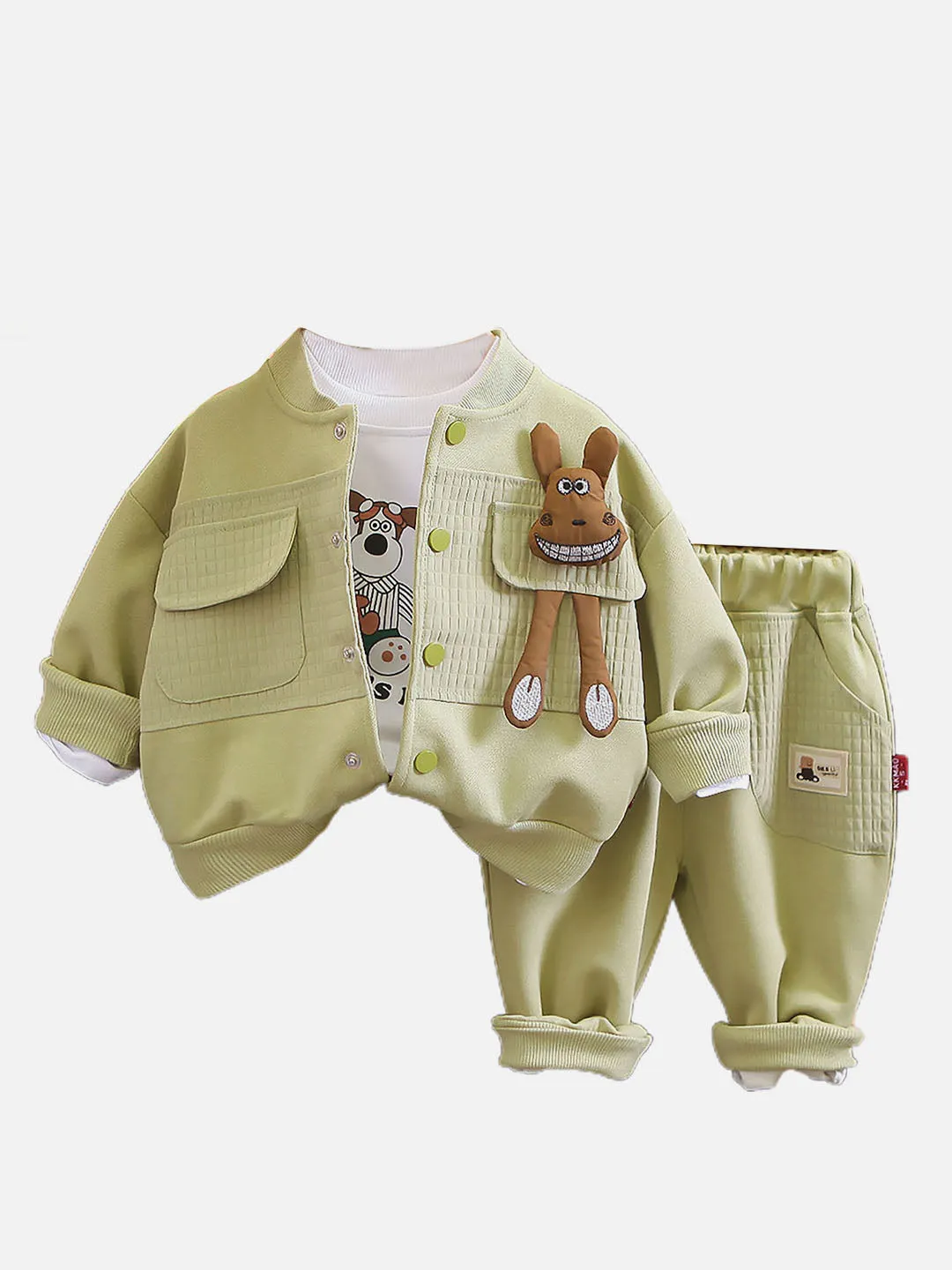 Little Surprise Box Olive Green Smiling Doggy Face Designed Jacket 3Pcs Track Suit Set -Kids