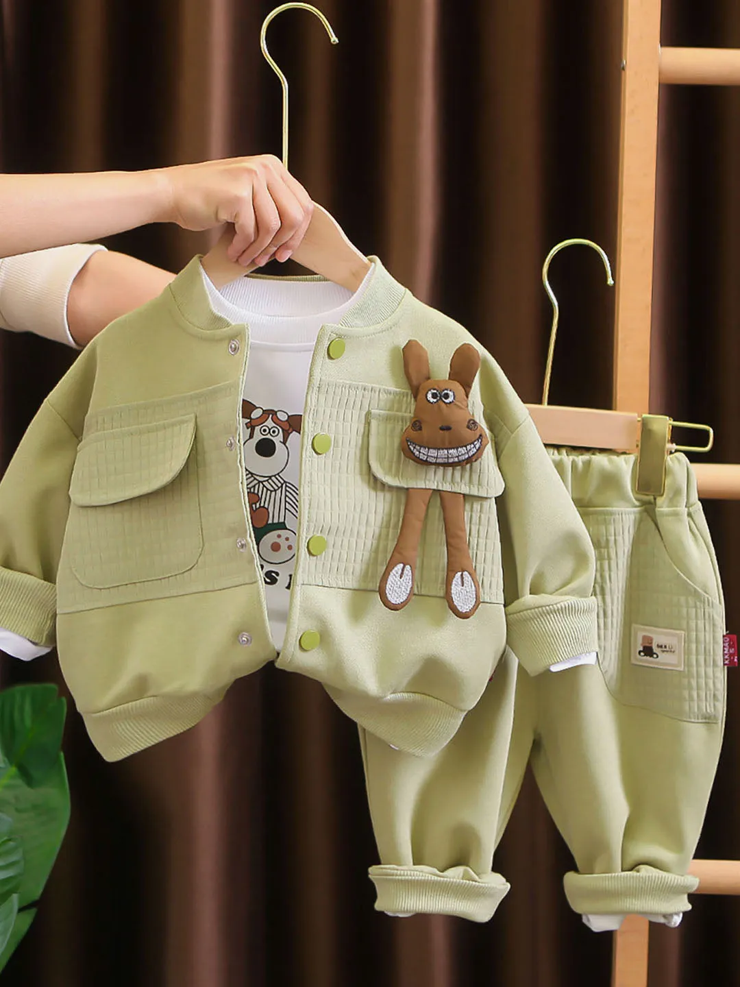 Little Surprise Box Olive Green Smiling Doggy Face Designed Jacket 3Pcs Track Suit Set -Kids