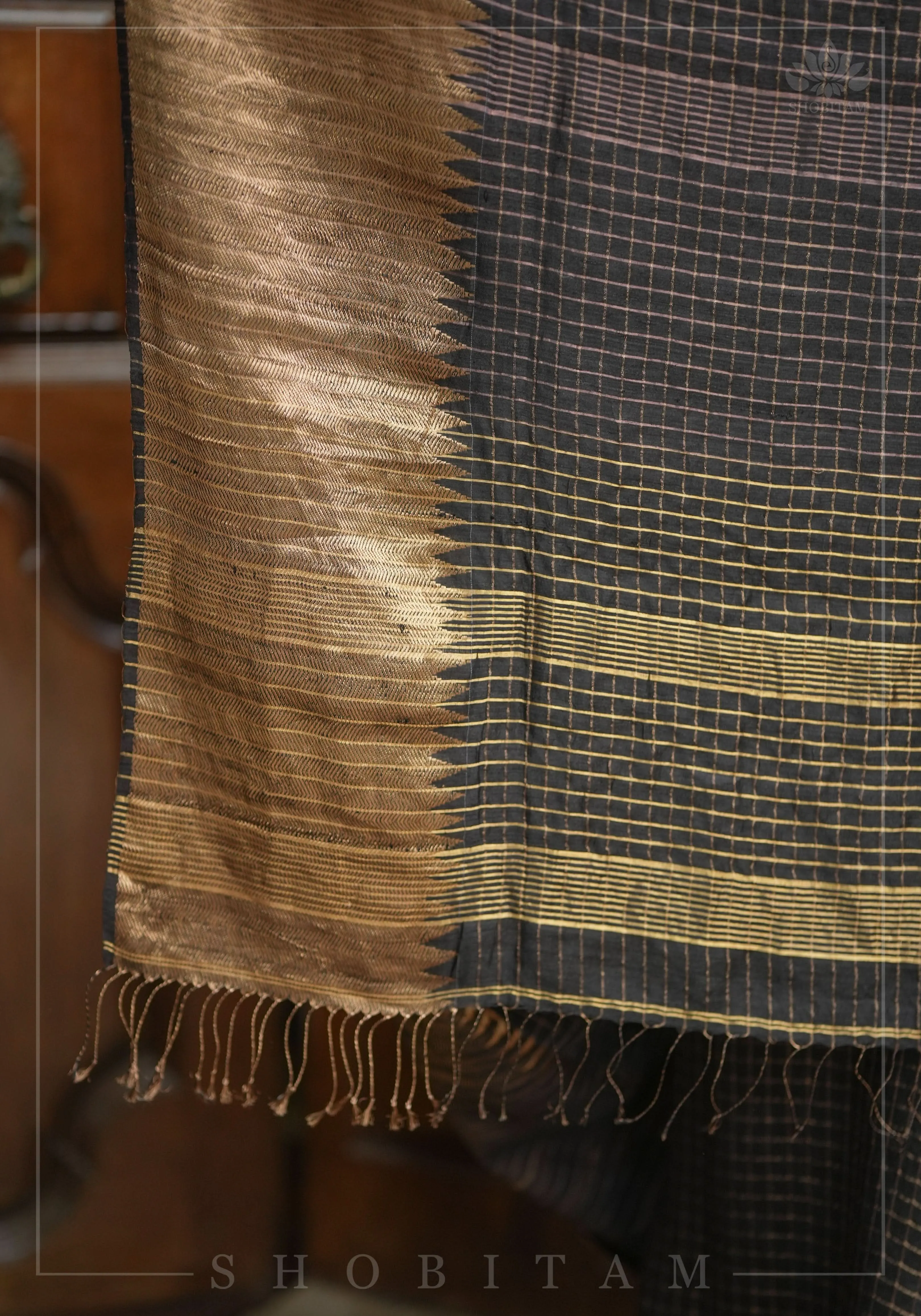 Matka Silk Saree in Black with Zari Checks and Wide Zari Temple Border | SILK MARK CERTIFIED