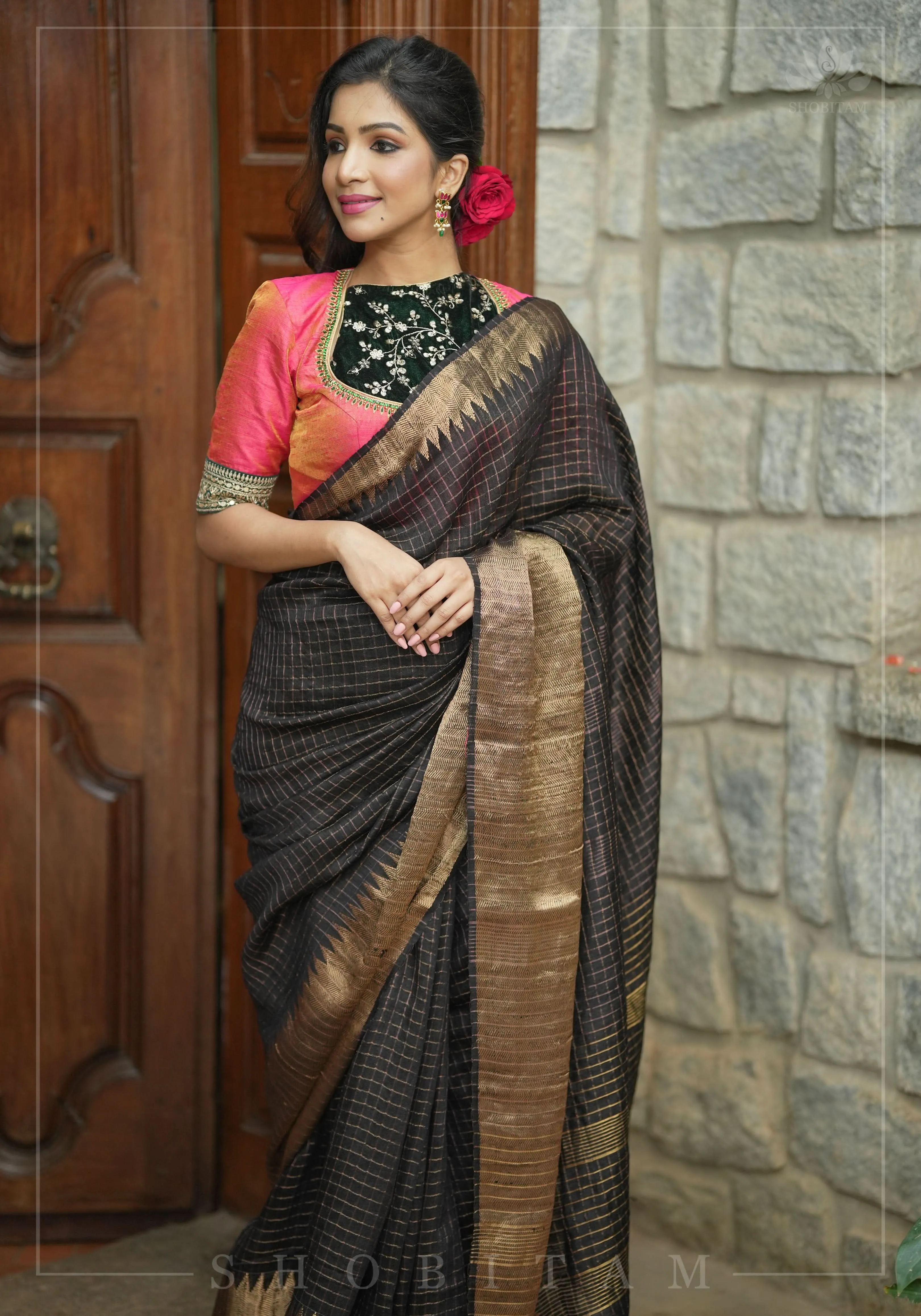 Matka Silk Saree in Black with Zari Checks and Wide Zari Temple Border | SILK MARK CERTIFIED