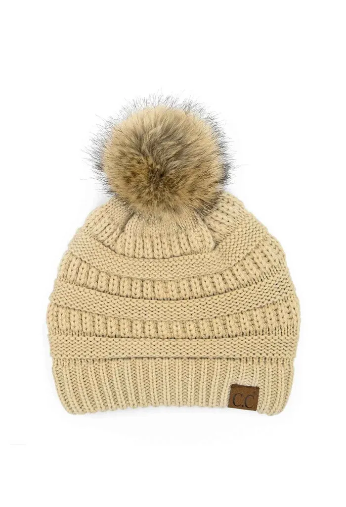 Mia Knit Pom Beanie-Beige