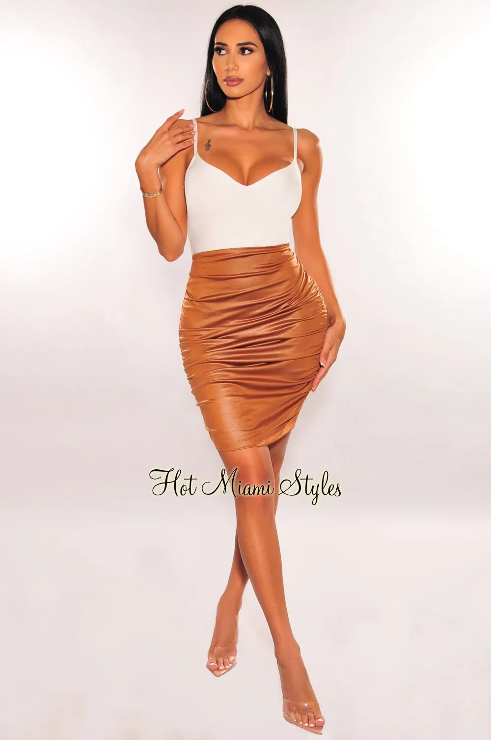 Mocha Faux Leather Ruched High Waist Skirt