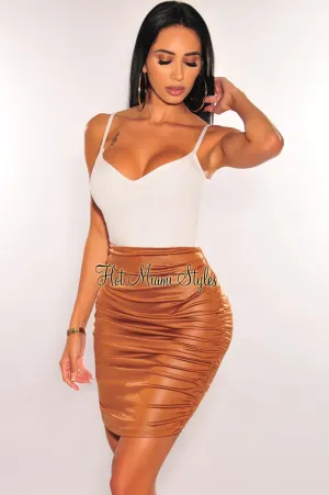 Mocha Faux Leather Ruched High Waist Skirt