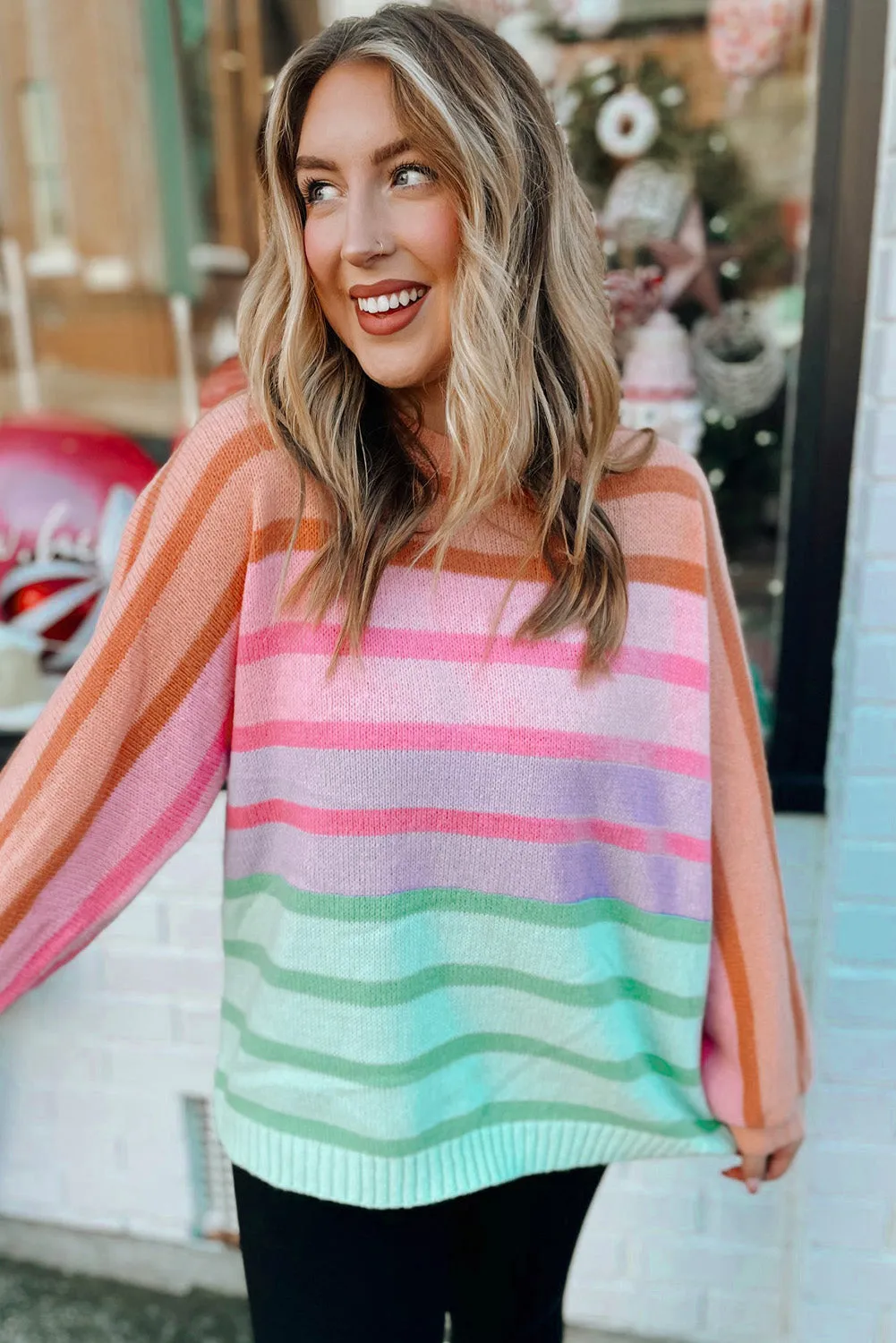 Multicolour Gradient Striped Ribbed Edge Loose Sweater