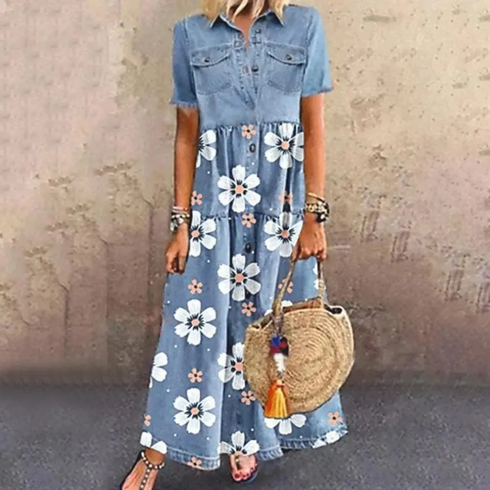 New in Formal Occasion Dresses for Women 2023 Long Solid Denim Pleated Short Sleeve Shirt Dress vestidos para mujer