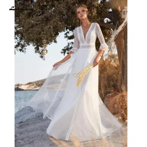 NumberSea Backless Bohemian style Three Quarter Wedding Dresses