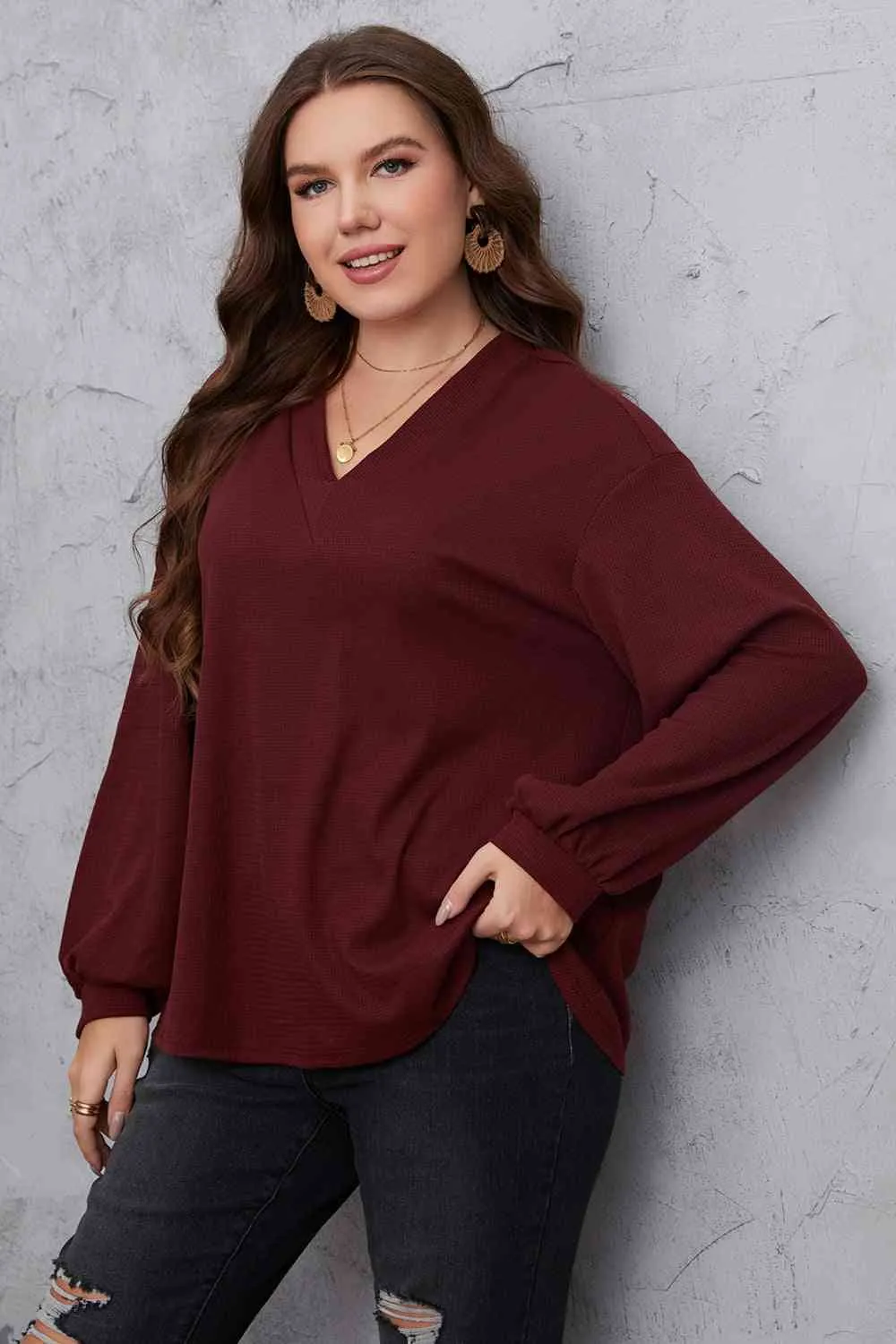 Plus Size V-Neck Dropped Shoulder Blouse